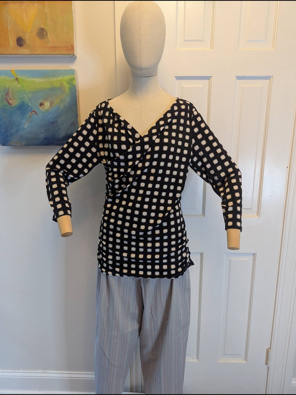 Vince Camuto Black and White Geometric Wrap-Style Top